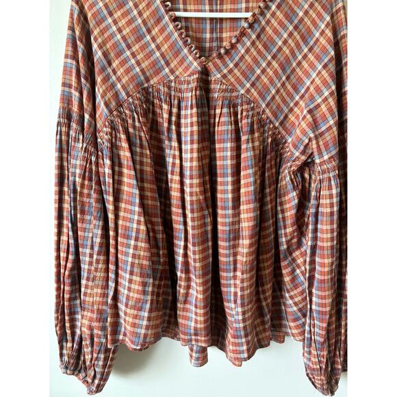 DOEN Thistle Blouse in Blue Autumn Plaid Print Boho M - Picture 8 of 12